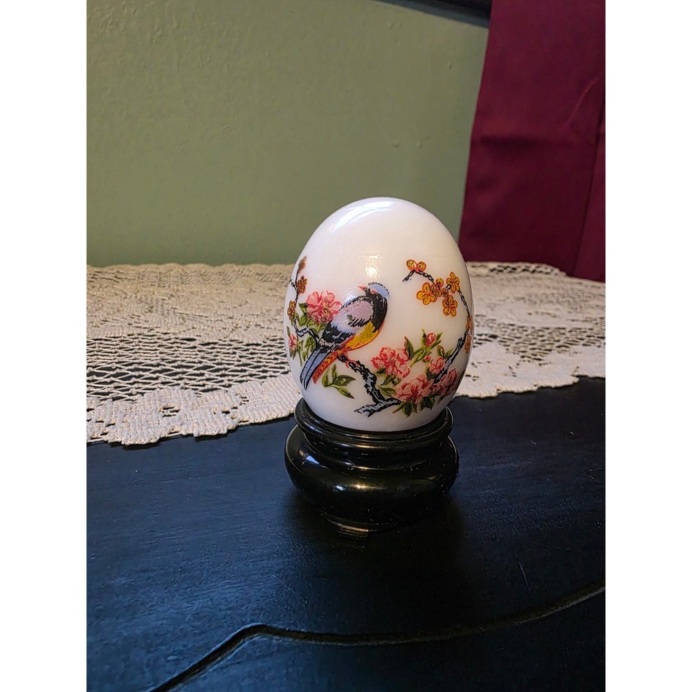Vintage Avon Charisma Cologne 1oz Milk Glass Bird Floral Egg Decanter with Stand